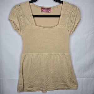 Small Sweet & Simple Knit Babydoll Top Y2K Cottage Eyelet Retro Square Neck